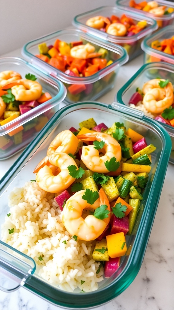 Meal prep container with garlic shrimp, vegetables, and rice on a kitchen countertop.